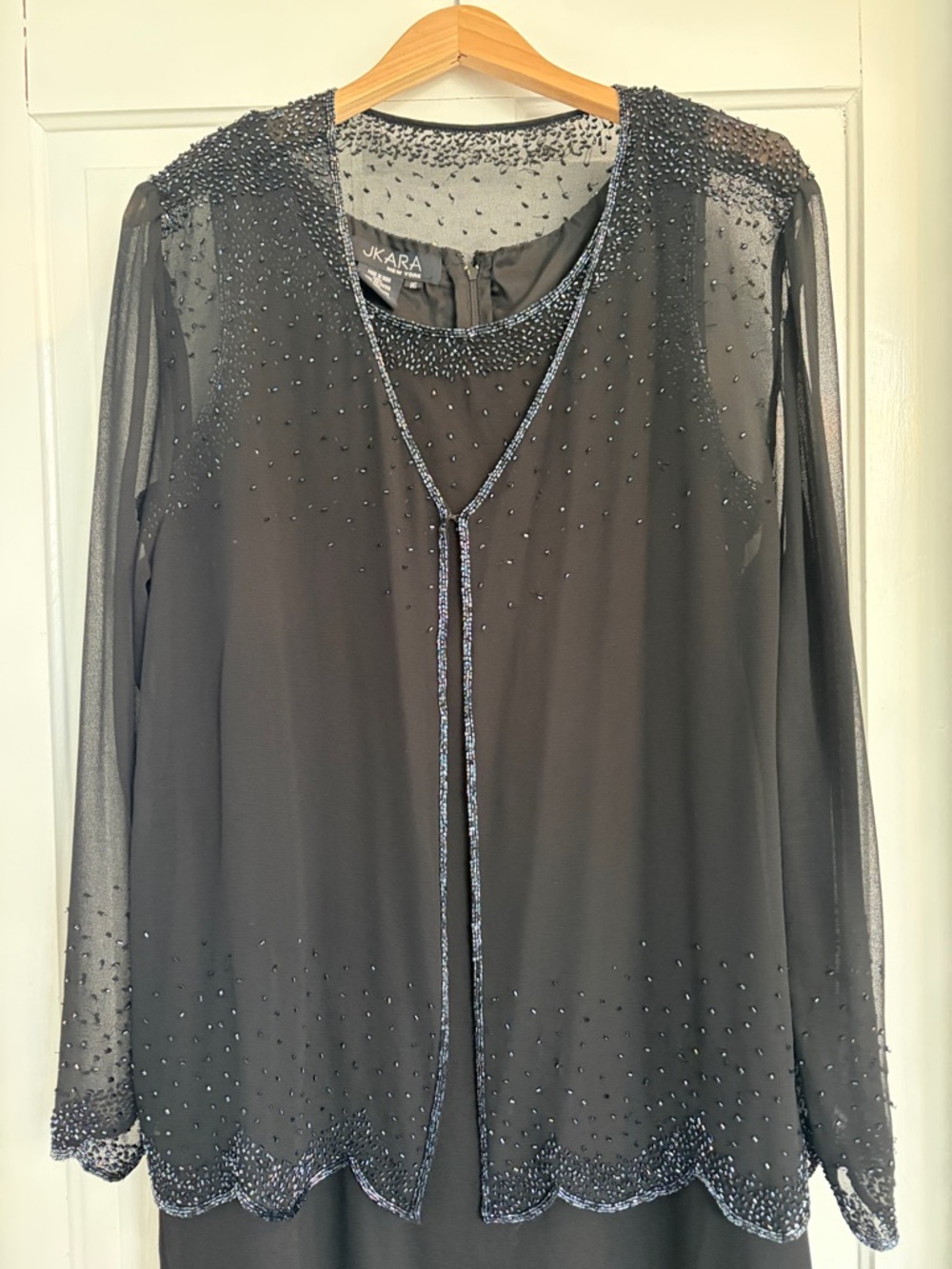 J Kara Black Beaded Long Dress/Jacket with Sheer Sleeves Sz 16 Wedding/ Mother - Picture 3 of 15